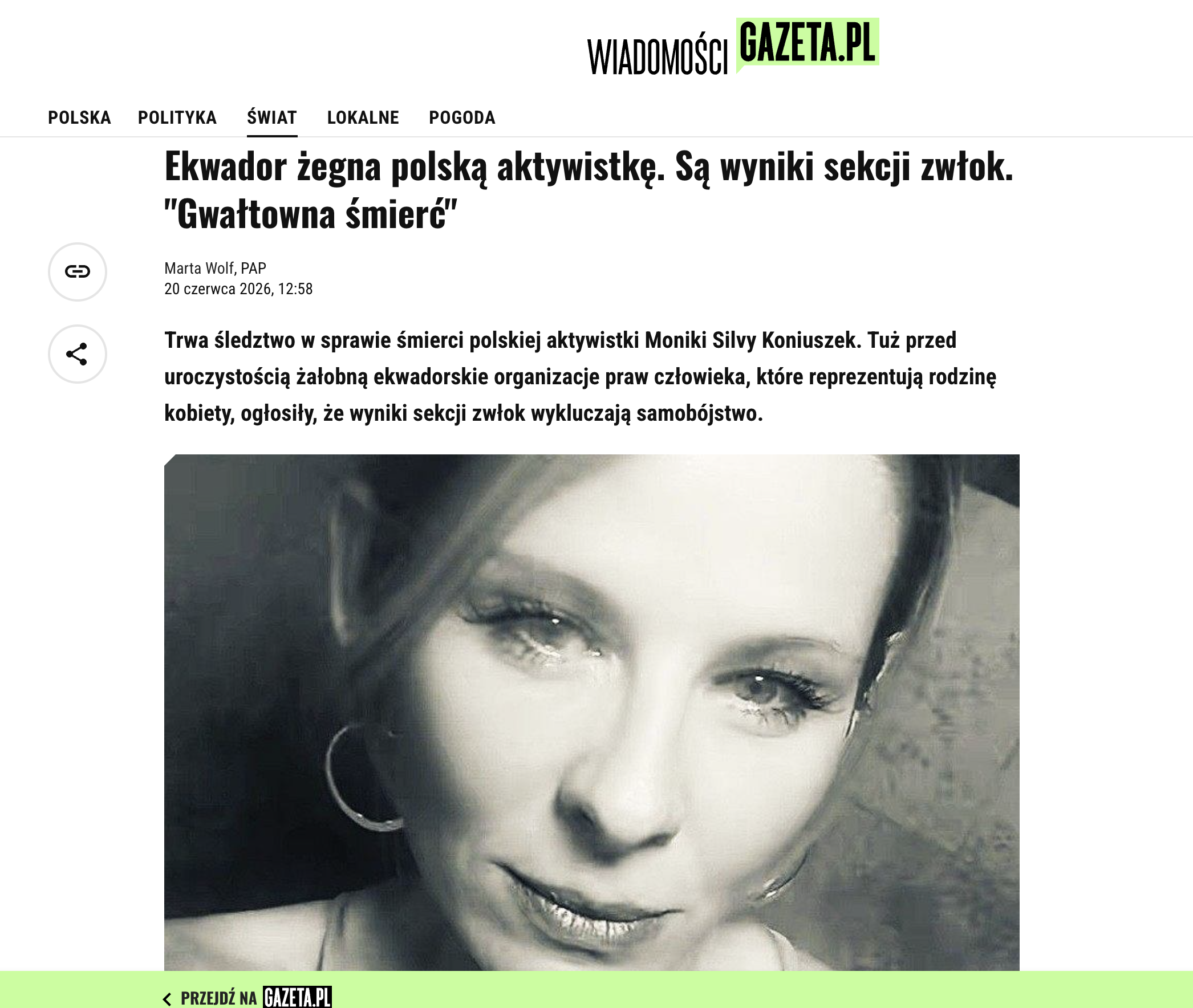 Captura de pantalla de la interfaz web del periódico Gazeta.pl del 20 de junio de 2026