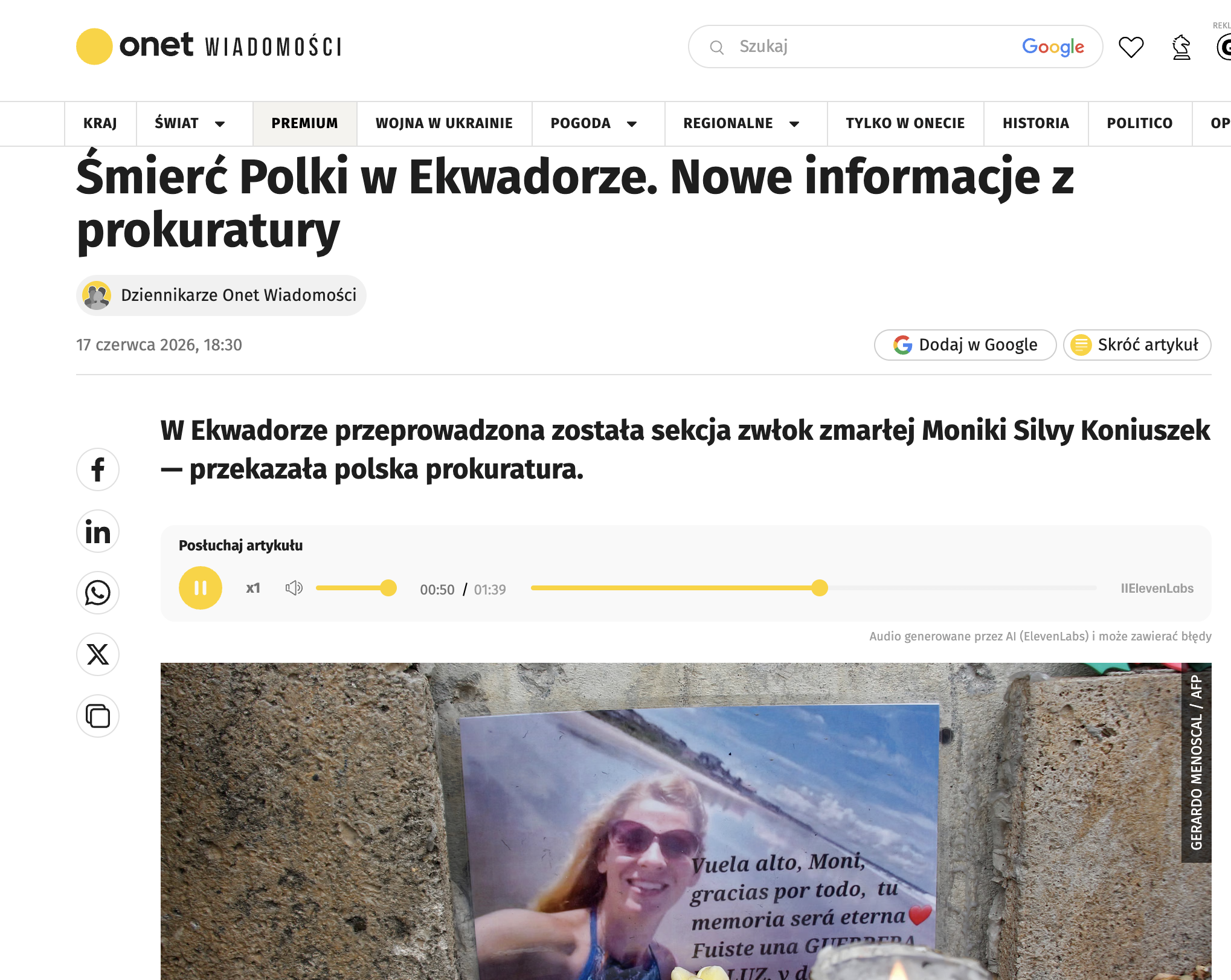 Homenaje a la activista en Santa Elena reproducido por el diario polaco Onet (Crédito: Gerardo Menoscal / AFP