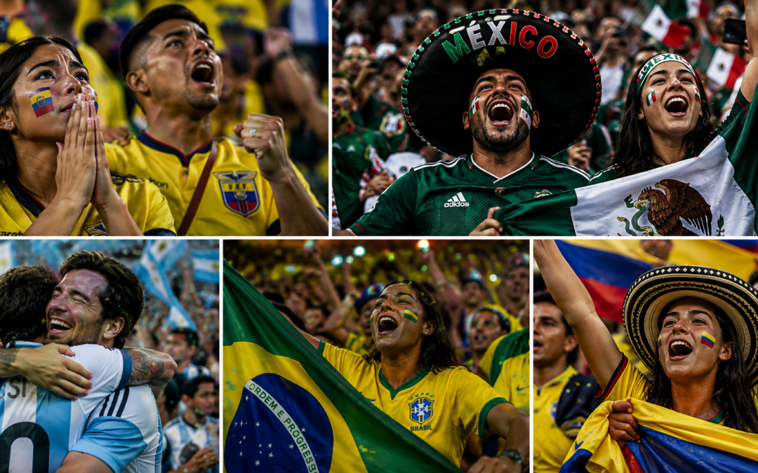 Collage ilustrativo de hinchas latinoamericanos de Ecuador, México, Brasil, Argentina y Colombia celebrando en los estadios durante el Mundial de Fútbol.