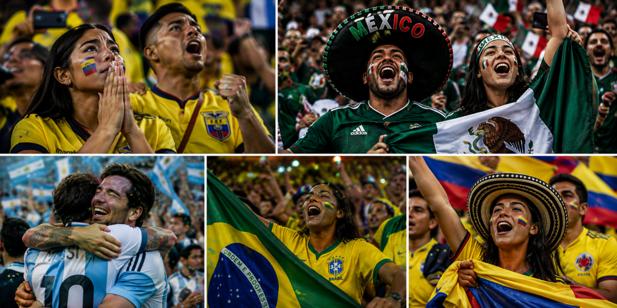 Collage ilustrativo de hinchas latinoamericanos de Ecuador, México, Brasil, Argentina y Colombia celebrando en los estadios durante el Mundial de Fútbol.