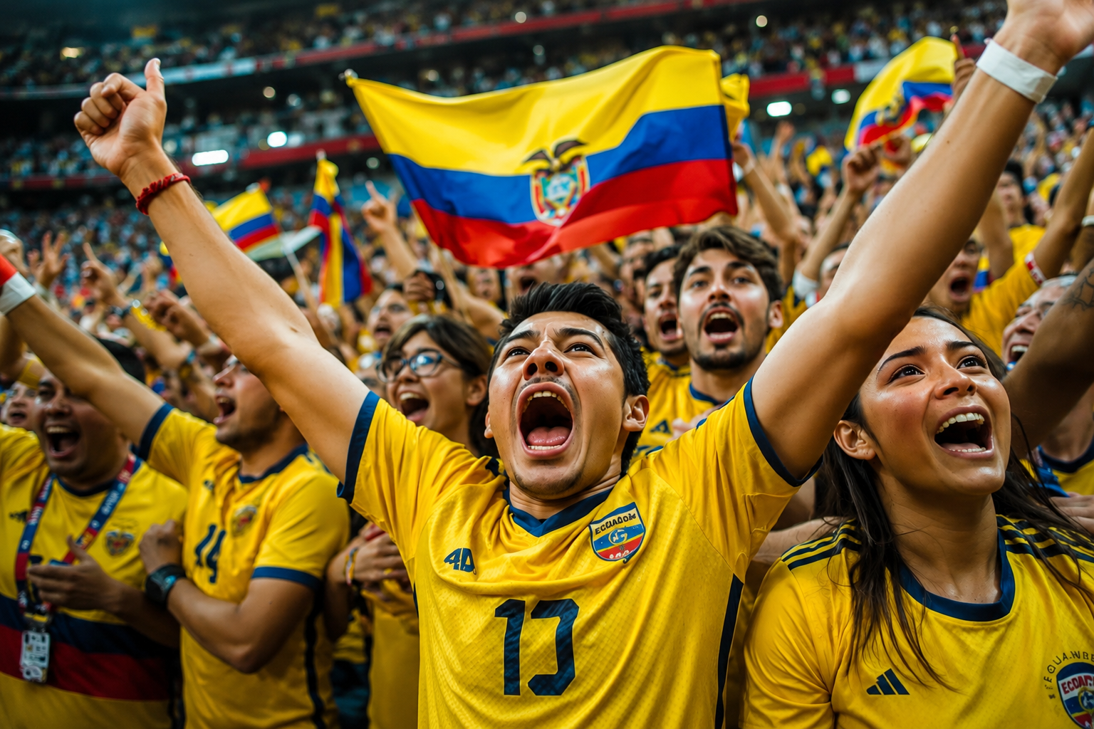 Ilustración - aficionados ecuatorianos celebran con entusiasmo durante un partido del Mundial de Fútbol 2026.