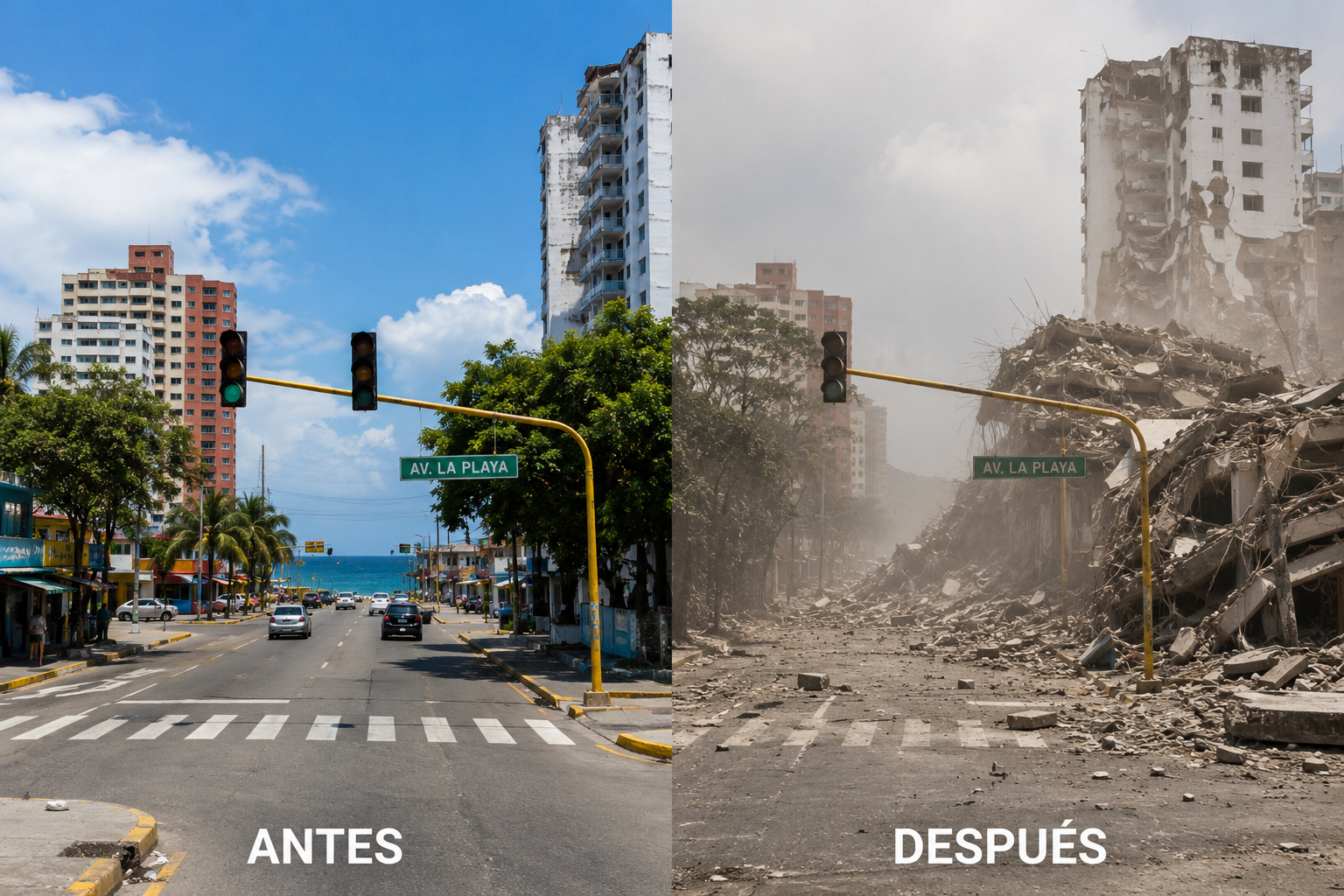 Comparación ilustrativa del mismo sector urbano antes y después del terremoto en Venezuela. A la izquierda se observa una avenida con edificios, tráfico y actividad cotidiana; a la derecha, el mismo escenario aparece devastado, con edificios colapsados, montañas de escombros y una densa nube de polvo.