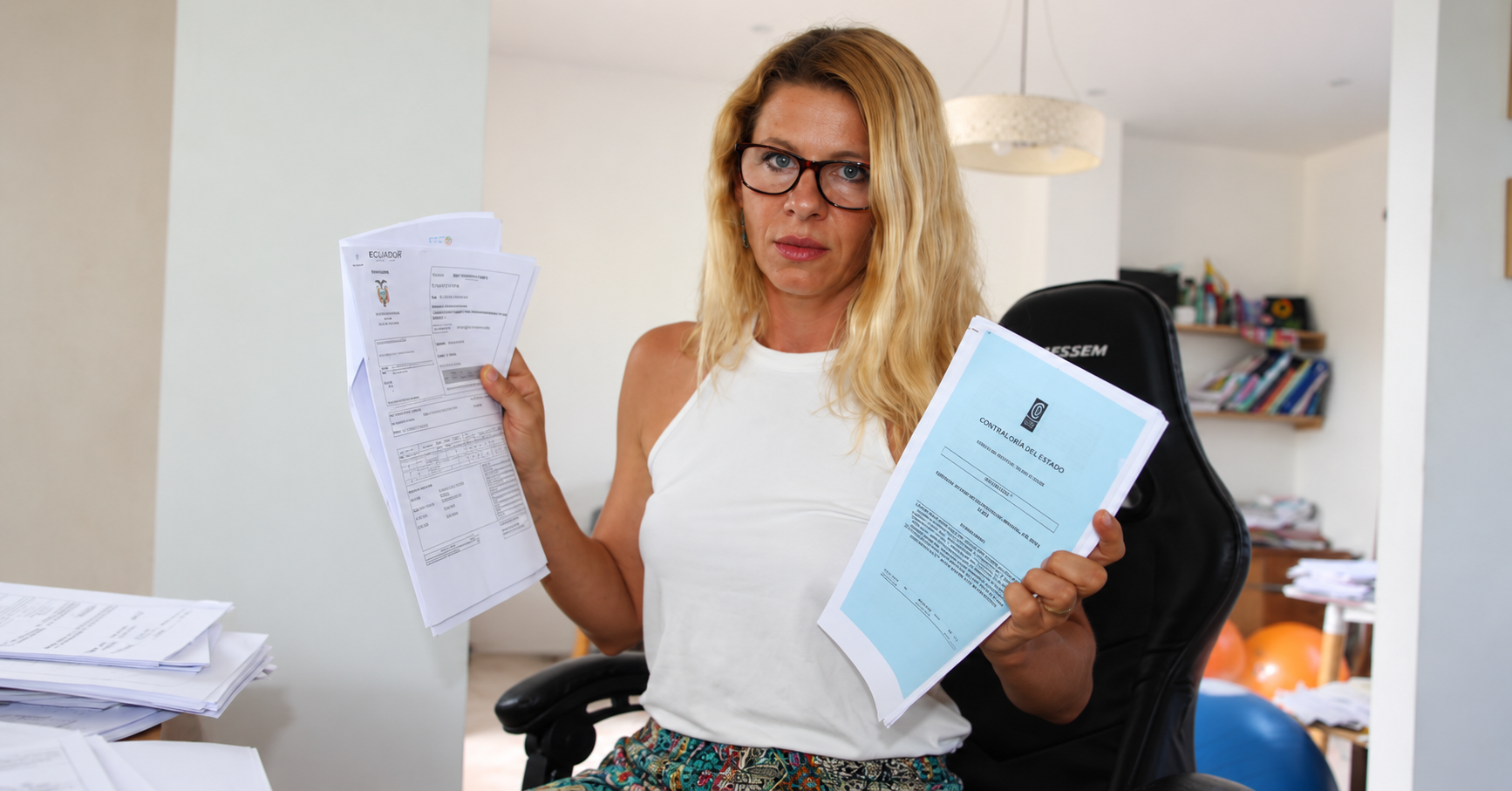 Mónika Silva-Koniuszek con documentos durante su actividad en Ecuador